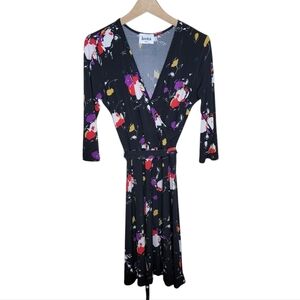 Leota | Colorful Floral Faux Wrap Dress with Crossover Surplice Bust Size Medium